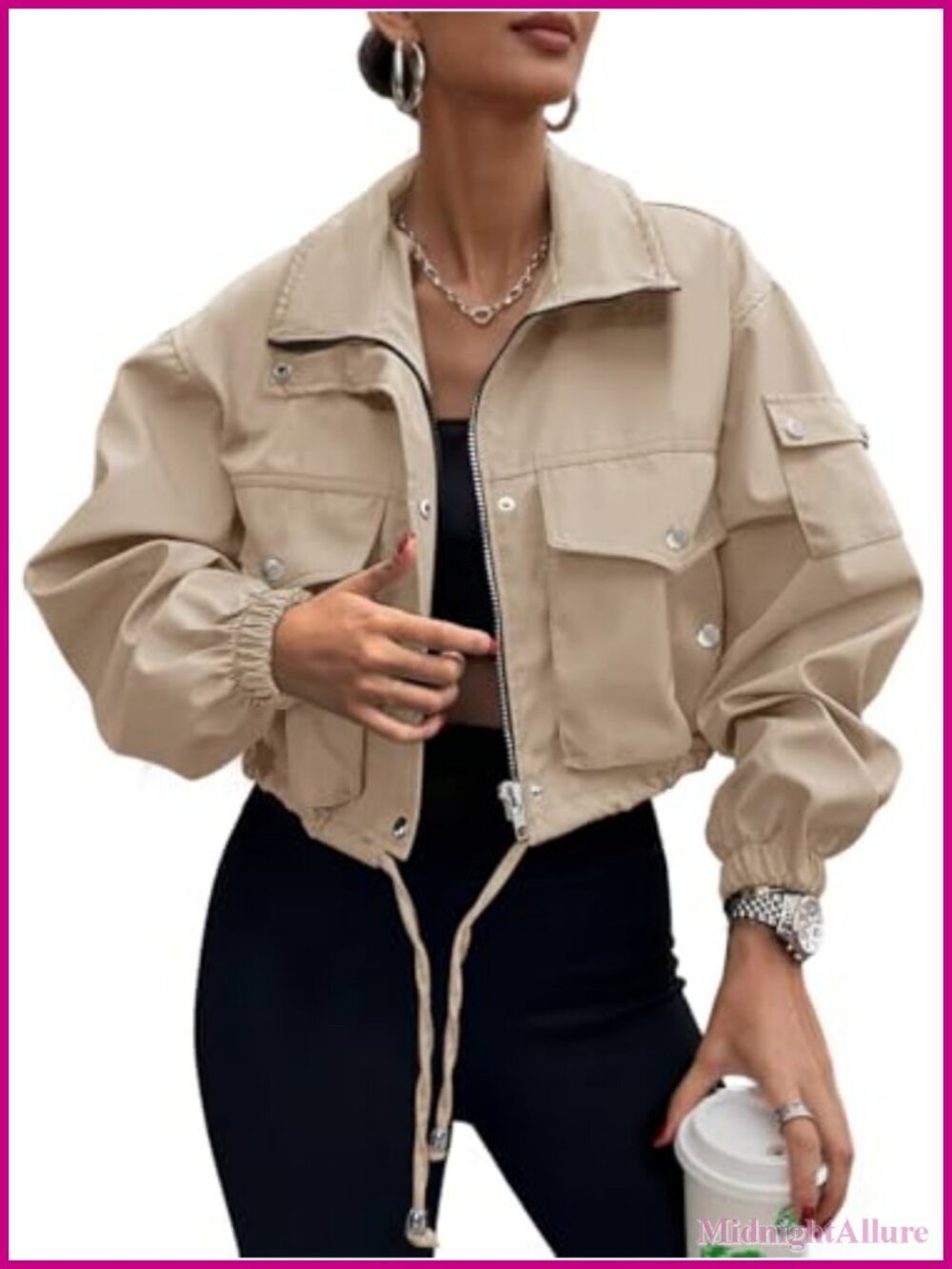 Cropped Bomber Jacket Zip Up Lightweight Utility Anorak Coat With Pockets